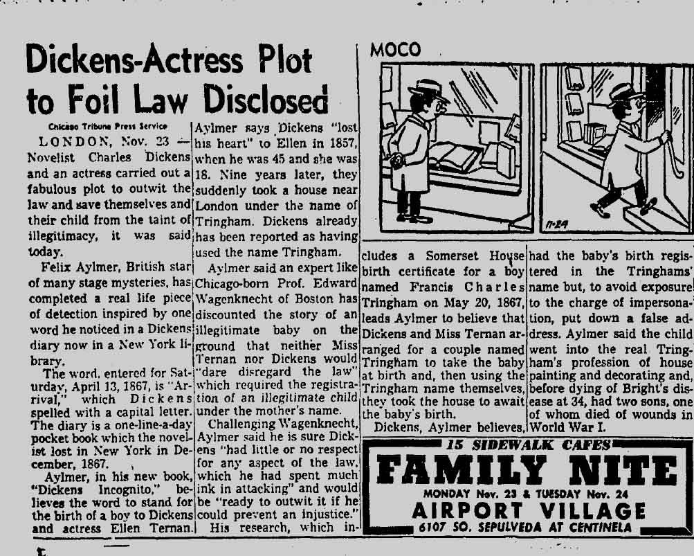 November 24, 1959: Author suggests Charles Dickens had an illegitimate child. 