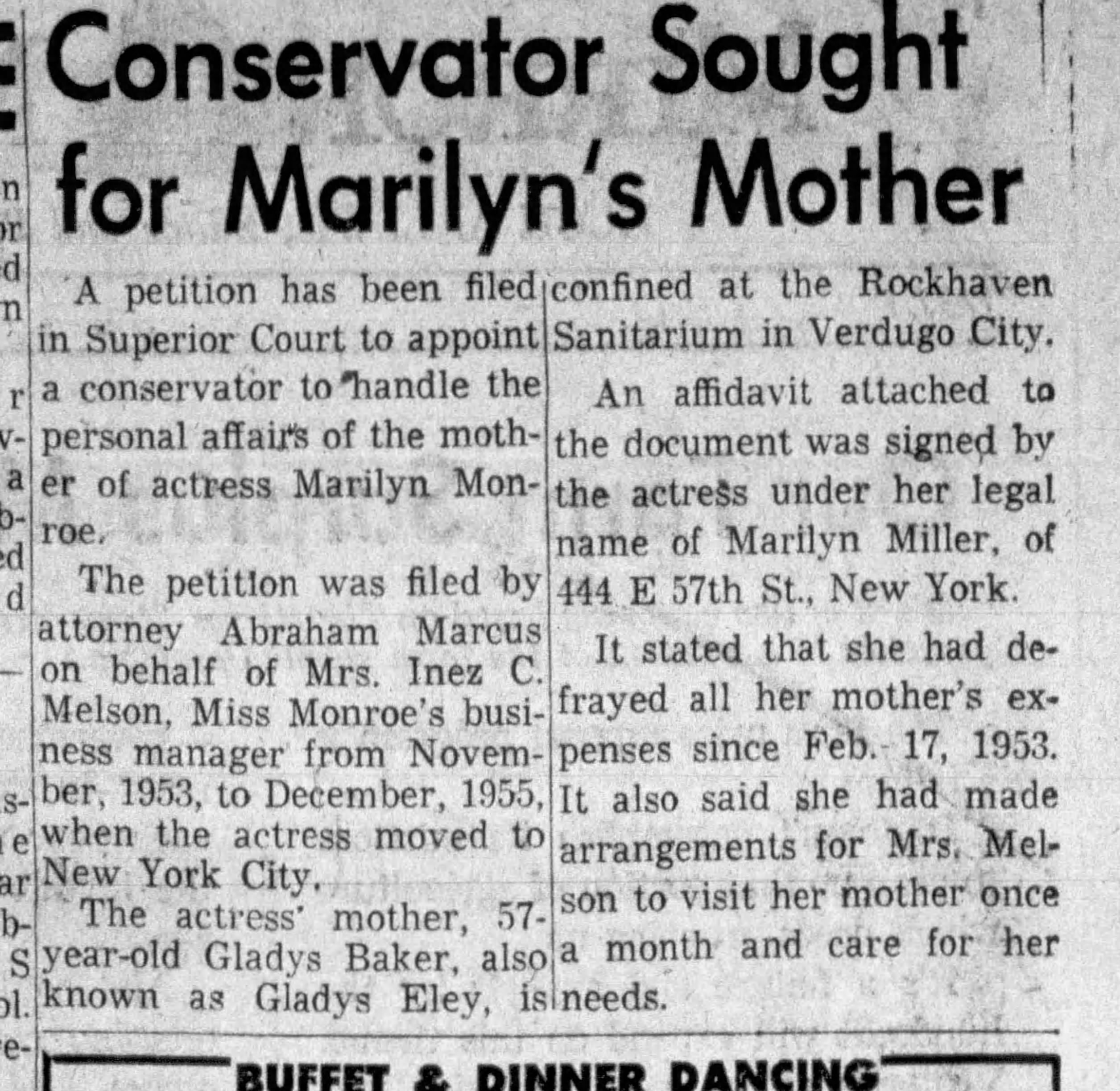 November 5, 1959: Conservator sought for Marilyn Monroe's mother. 