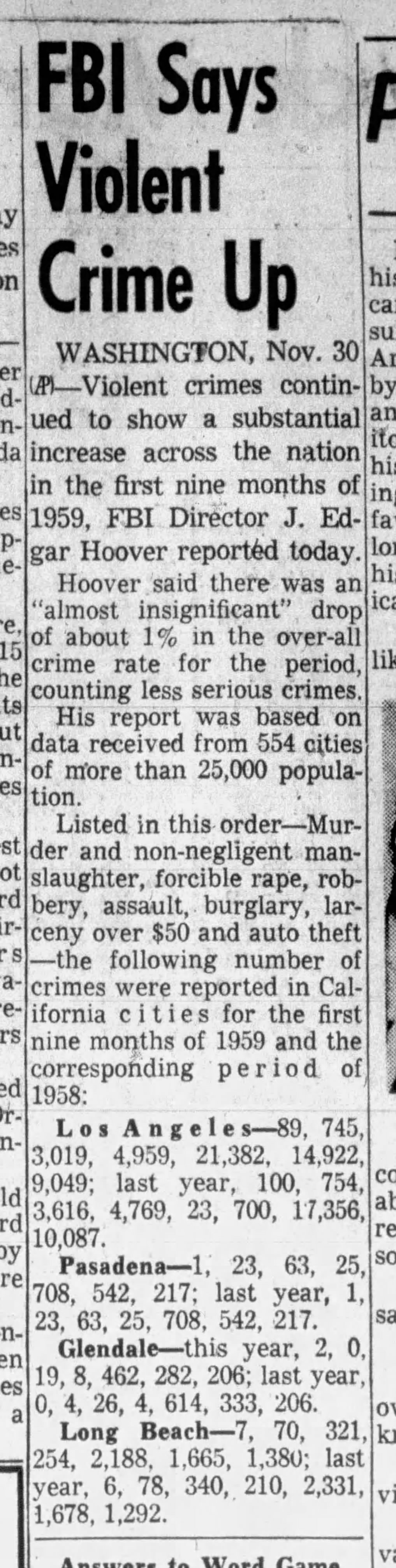 November 30, 1959: FBI says crime is up