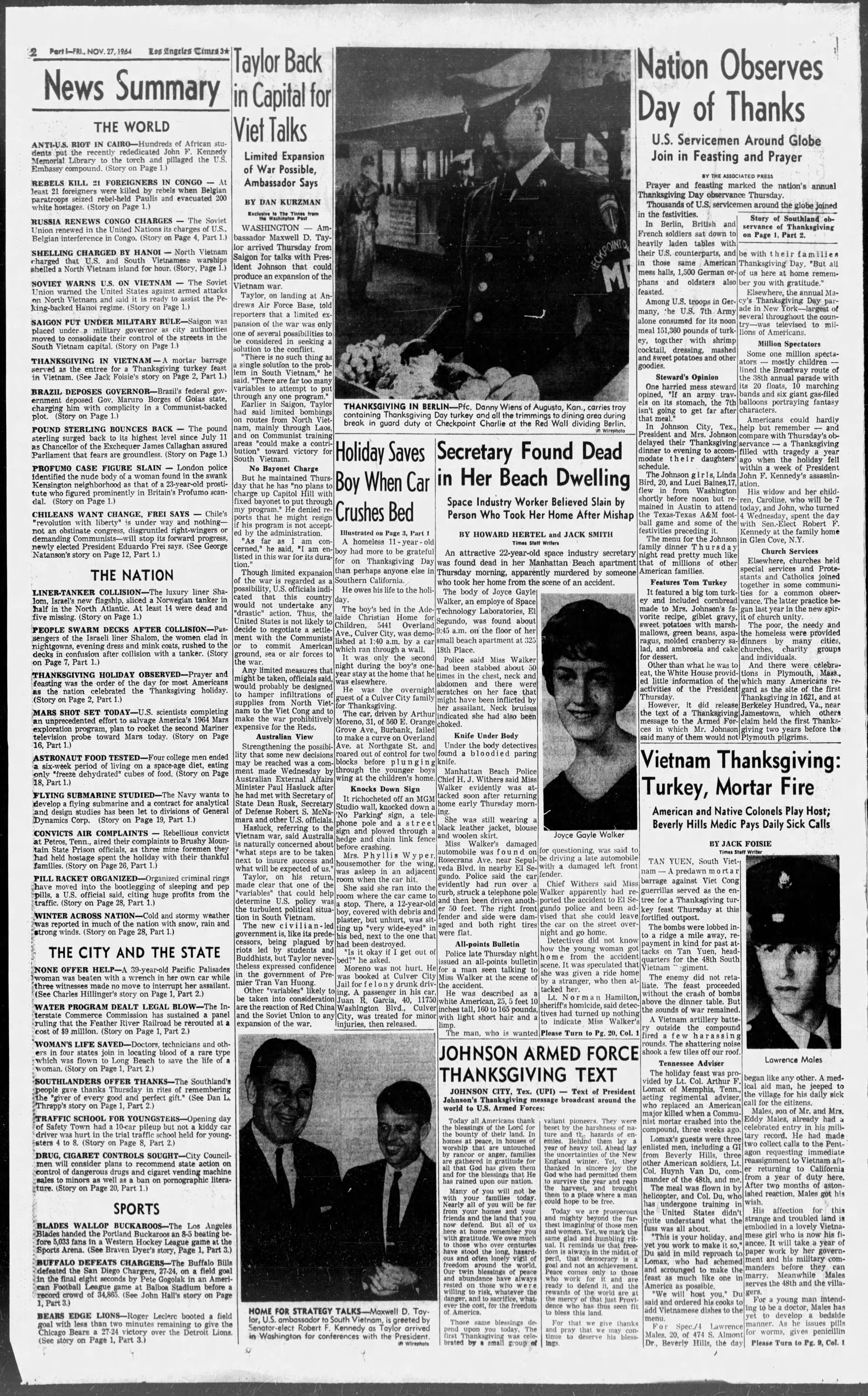 November 27, 1964: Thanksgiving murder of Joyce Gail Walker.