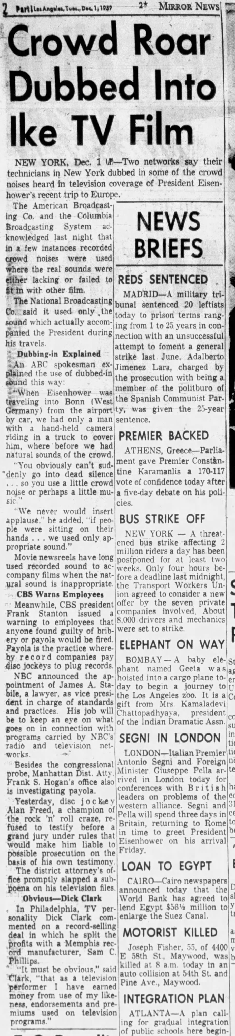 December 1, 1959: Audio of roaring crowd added to Eisenhower film