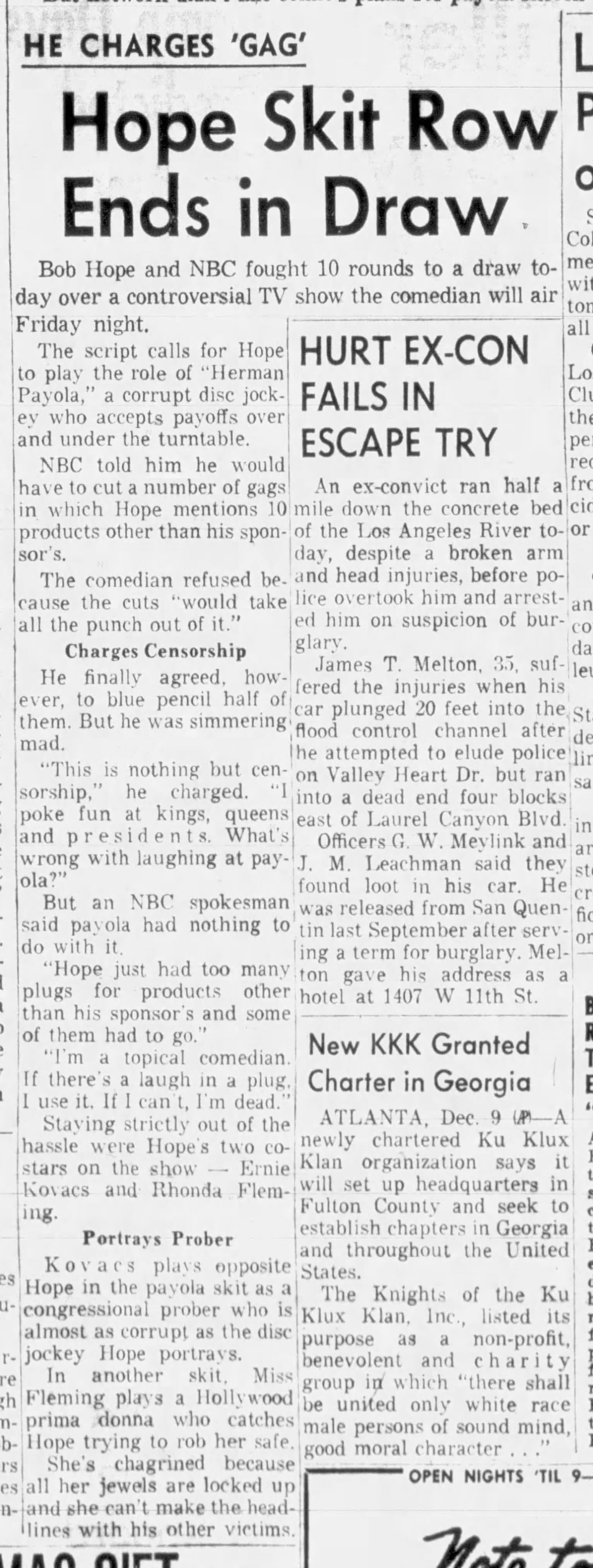 December 9, 1959: Network cuts Bob Hope skit on payola