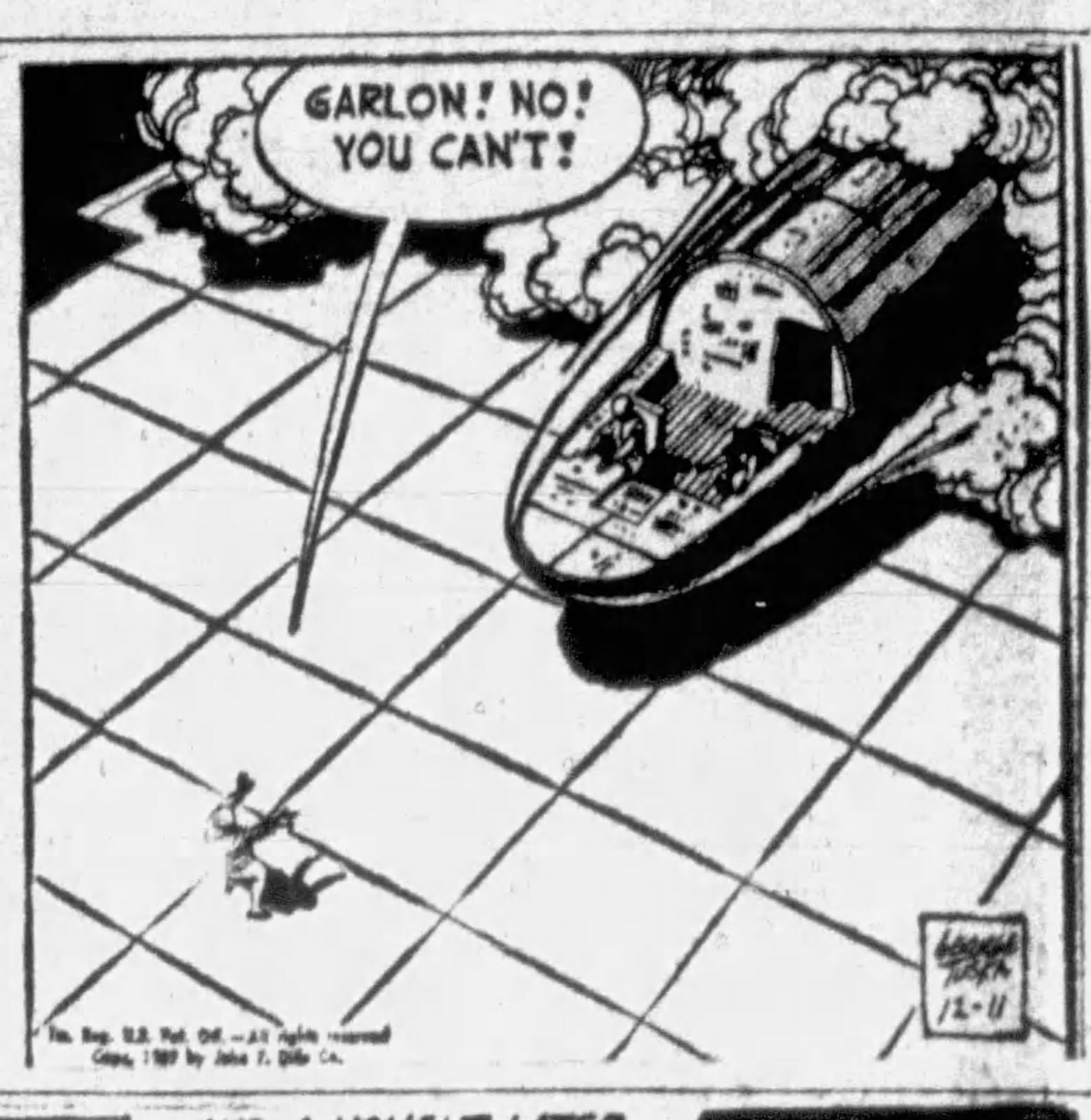 December 11, 1959: Comic panel of spaceship. A man says: "Garlon! No! You Can't!"