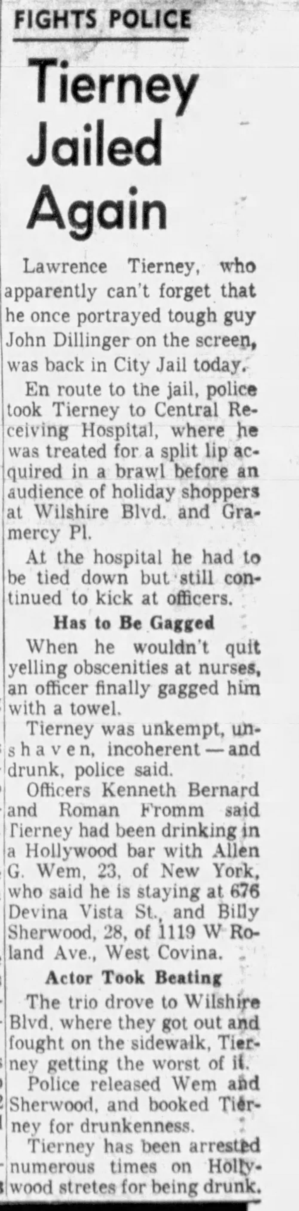 December 12, 1959: Actor Lawrence Tierney arrested. Again. 
