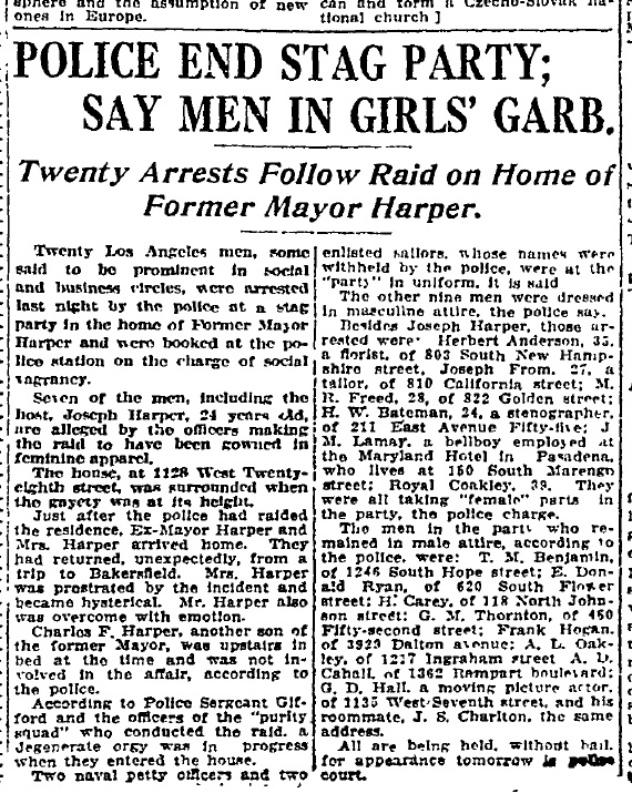 February 1, 1920: Police end stag party, say men in girls' garb