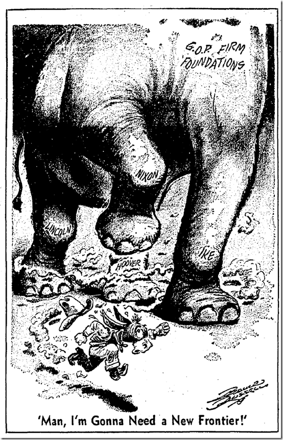 July 27, 1960: Editorial cartoon of GOP Elephant chasing Democratic donkey