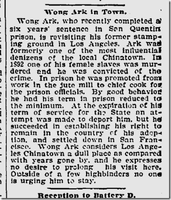 August 10, 1899: Wong Ark returns to Los Angeles after being released from prison.