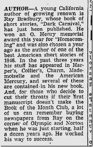 June 27, 1947, Ray Bradbury 
