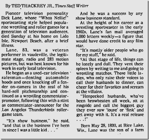 Sept. 6, 1982, Dick Lane Dies Sept. 6, 1982, Dick Lane Dies