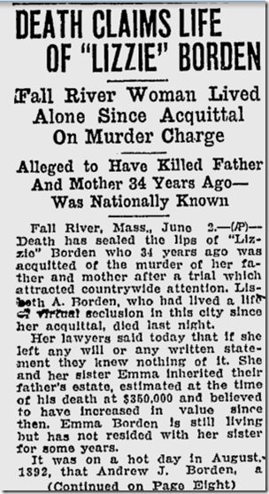 June 3, 1927, Lizzie Borden Dies 