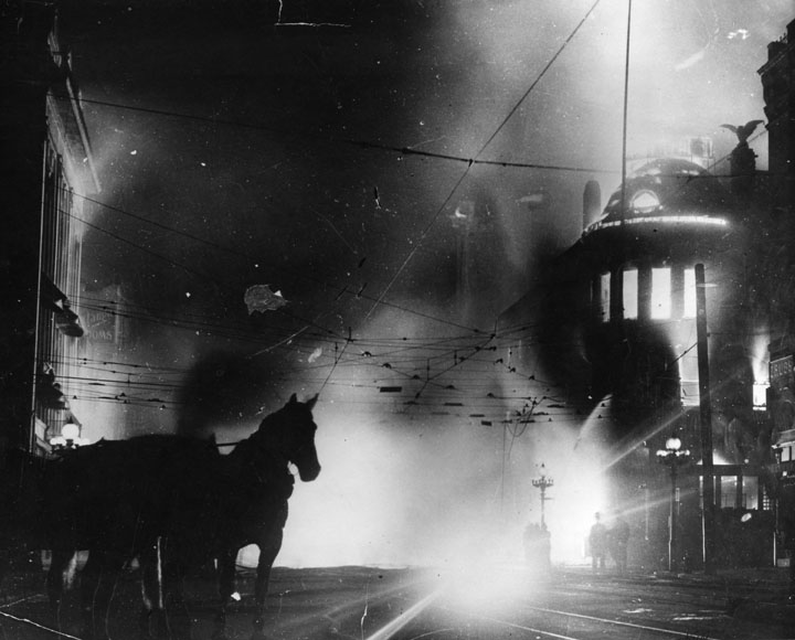 October 1, 1910: Horses of a fire engine silhouetted in flames of the bombed and burning Los Angeles Times Building.