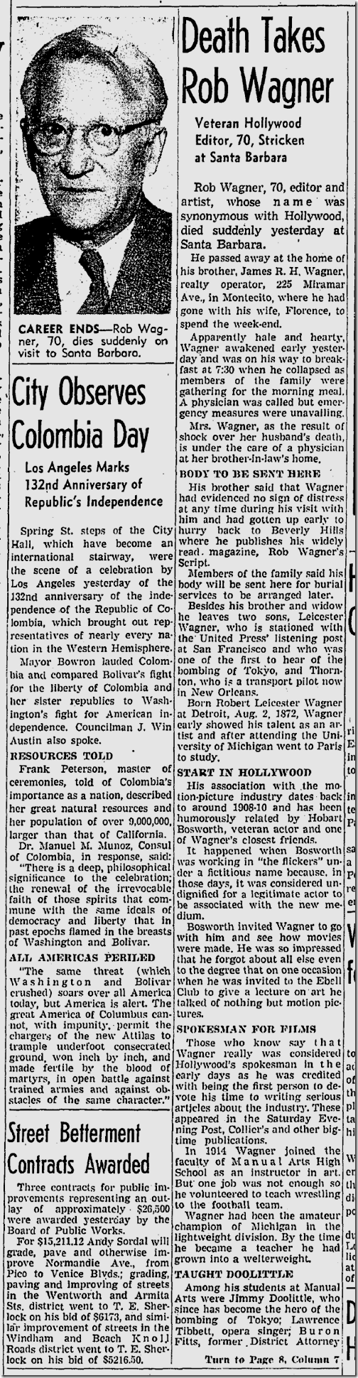 July 21, 1942, Rob Wagner Dies 