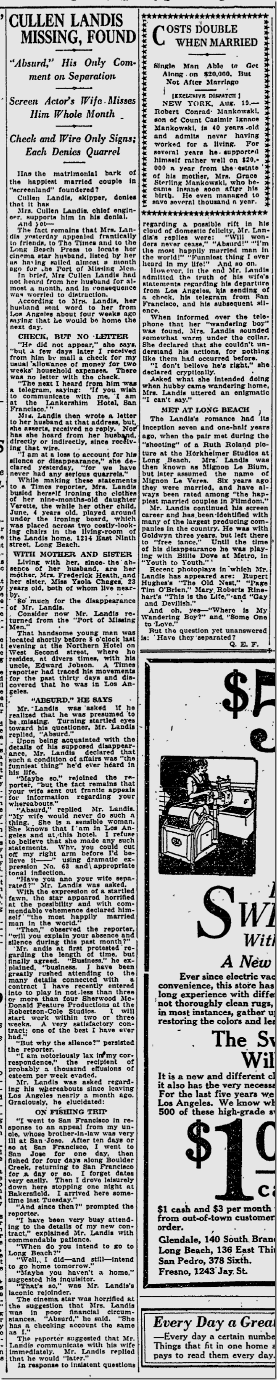 Aug. 20, 1922, Cullen Landis 