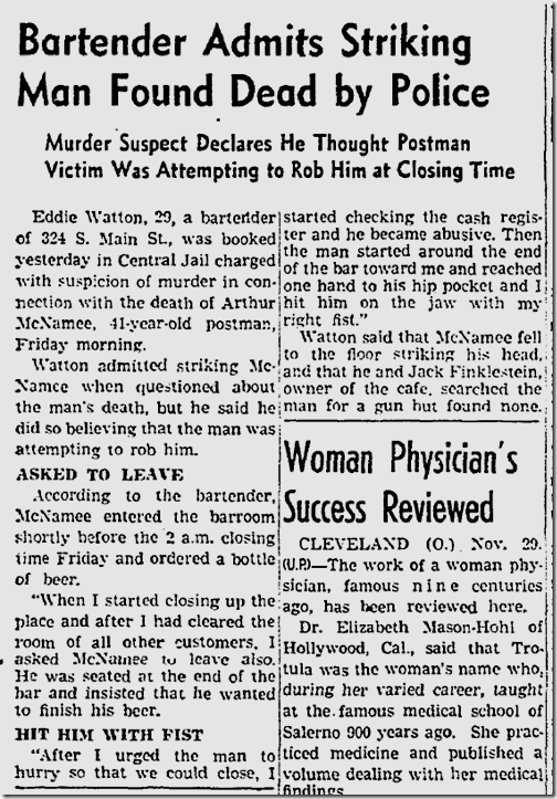 Nov. 30, 1941, Bartender Kills Man 