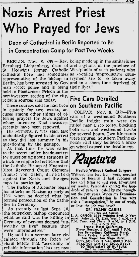 Nov. 9, 1941, Nazis arrest Catholic monsignor 
