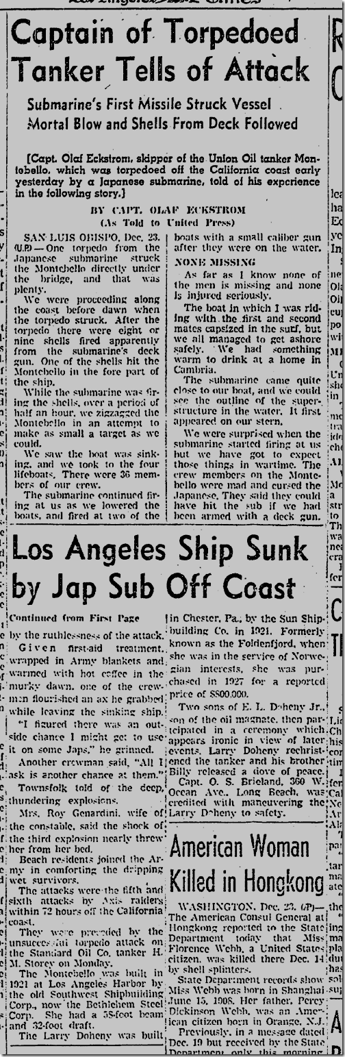 Dec. 24, 1941, Enemy Sub Sinks Ship 