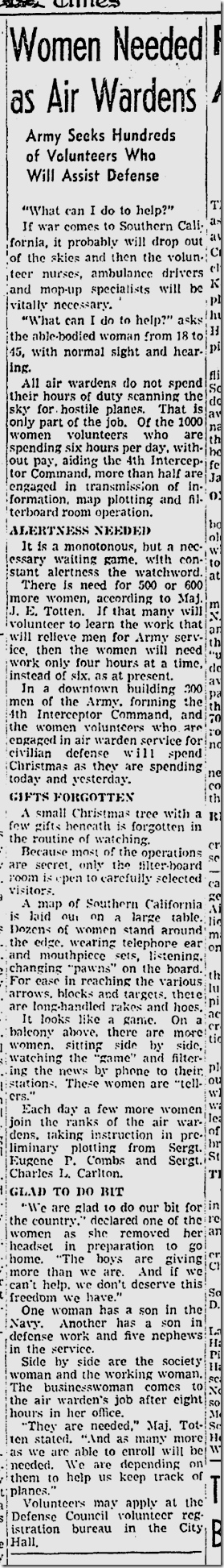 Dec. 24, 1941, Women Needed as Air Raid Wardens 