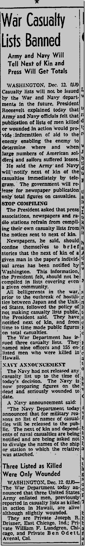 Dec. 13, 1941, Casualty Lists Dec. 13, 1941, Casualty Lists