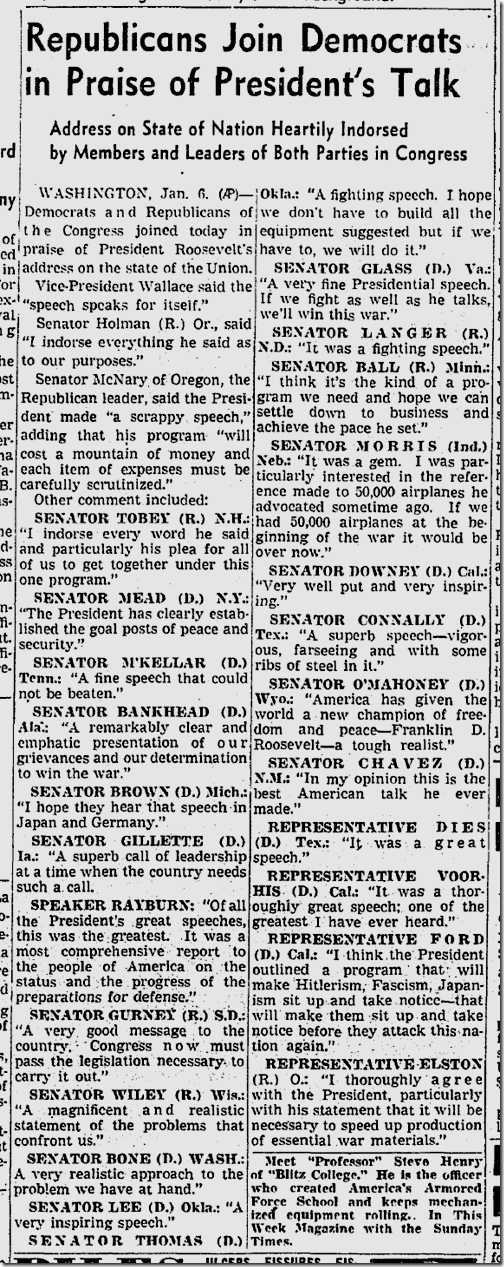 Jan. 7, 1942, Reaction to State of the Union 