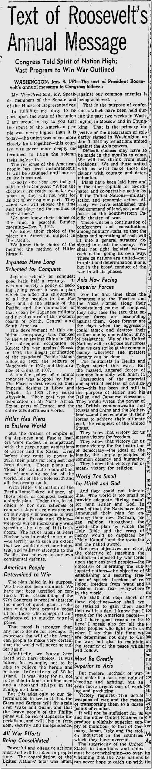 Jan. 7, 1942, State of the Union 