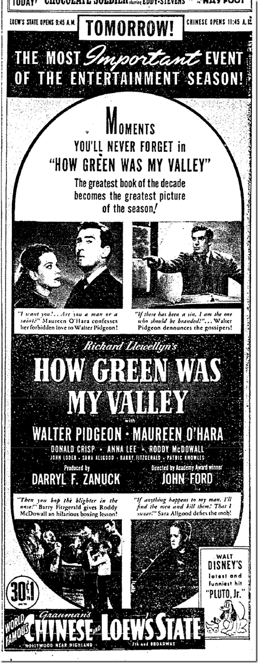 Jan. 7, 1942, How Green Was My Valley 