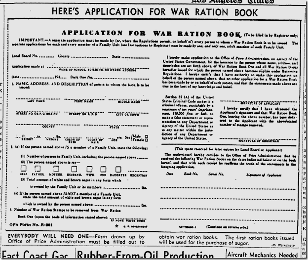 Feb. 18, 1942, War Ration Application Form 