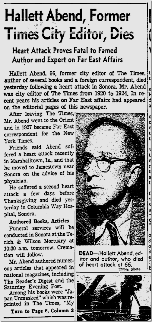 Hallett Abend Dies, Nov. 28, 1955  