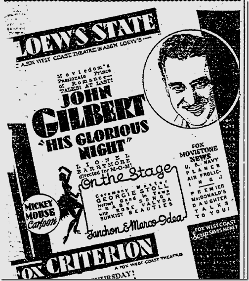 "His Glorious Night" Oct. 19, 1929. 