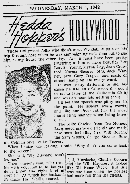 March 4, 1942, Hedda Hopper 