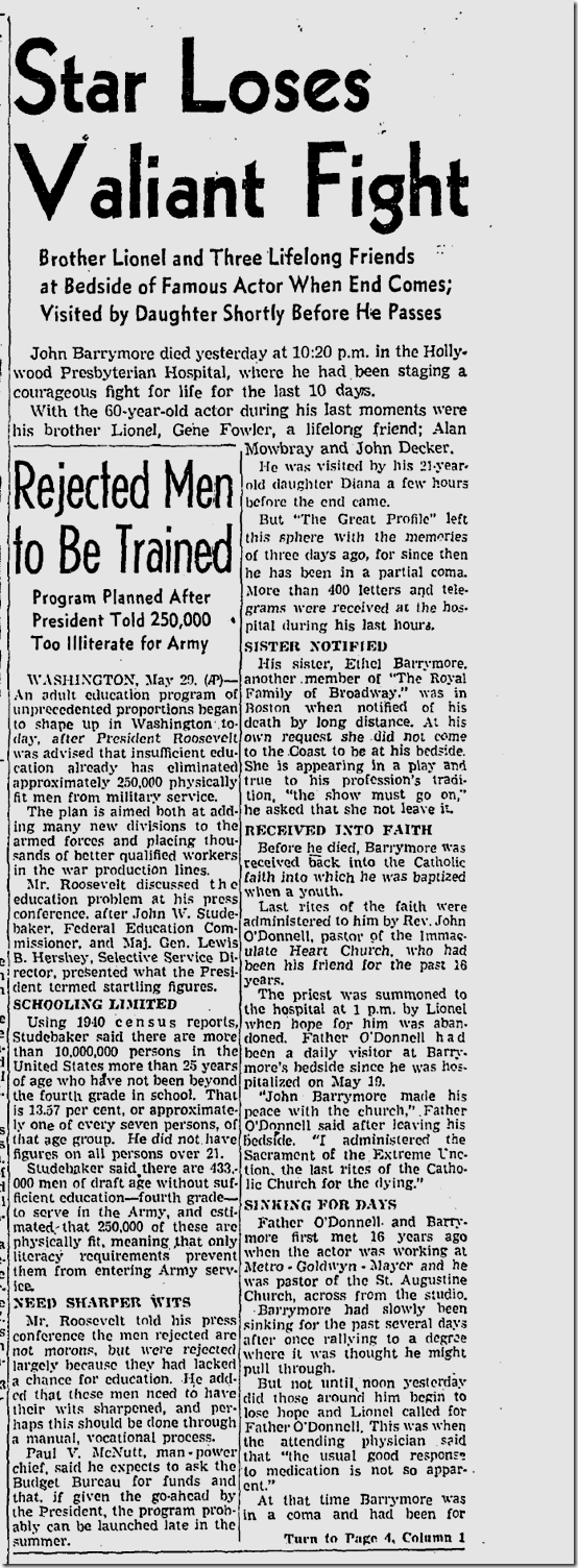 May 30, 1942, John Barrymore Dies May 30, 1942, John Barrymore Dies