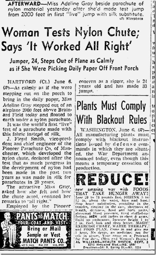 June 7, 1942, Parachute Tester 