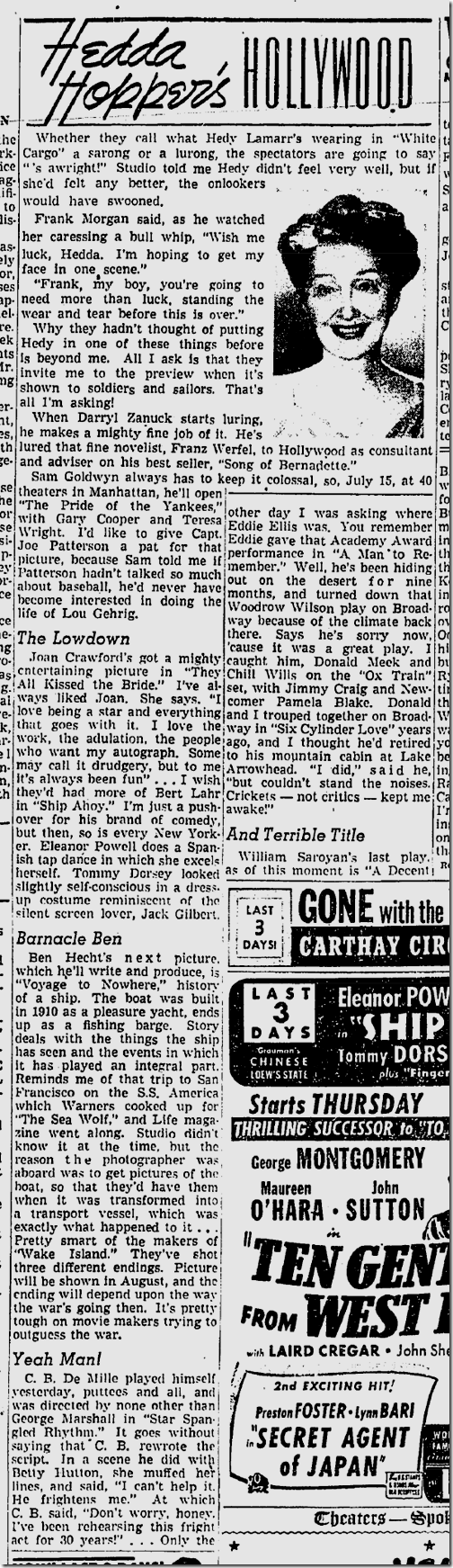 June 22, 1942, Hedda Hopper 