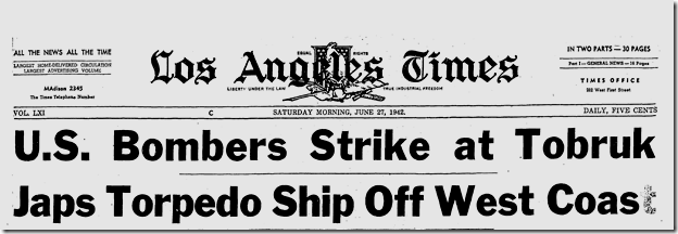 June 27, 1942, Ship Off West Coast Torpedoed 
