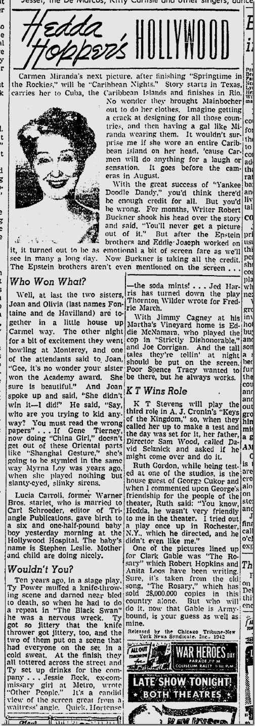 June 27, 1942, Hedda Hopper 