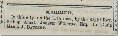Jan. 17, 1863, Joseph Winston is married to Dona Maria J. Bauchet. 