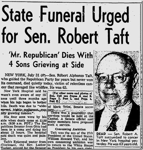 Aug. 1, 1953, Robert Taft Dies 