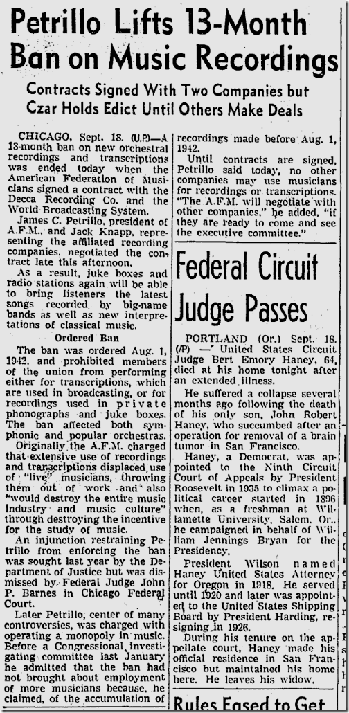 Sept. 19, 1943, Union Ends Ban on Recorded Music Sept. 19, 1943, Union Ends Ban on Recorded Music