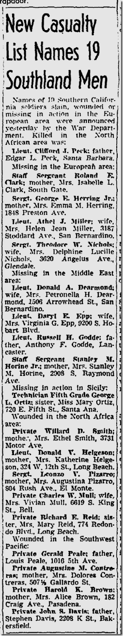 Aug. 29, 1943, Killed, Wounded, Missing Aug. 29, 1943, Killed, Wounded, Missing