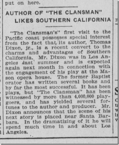 Nov. 8, 1908, Clansman Playwright Likes Southern California 