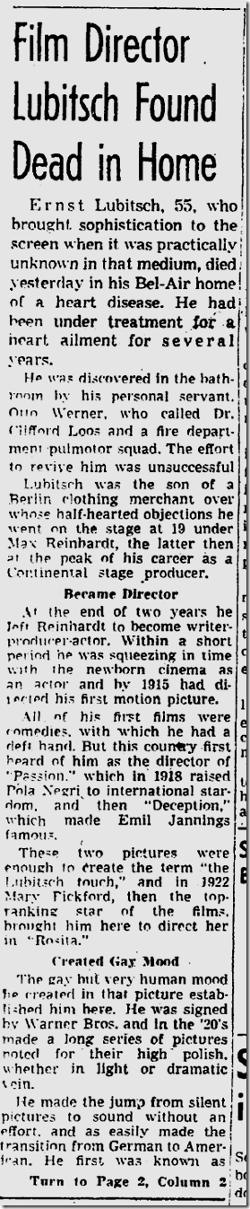 Dec. 1, 1947, Lubitsch Dies 