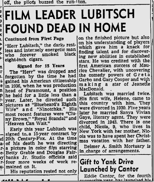 Dec. 1, 1947, Lubitsch Dies 