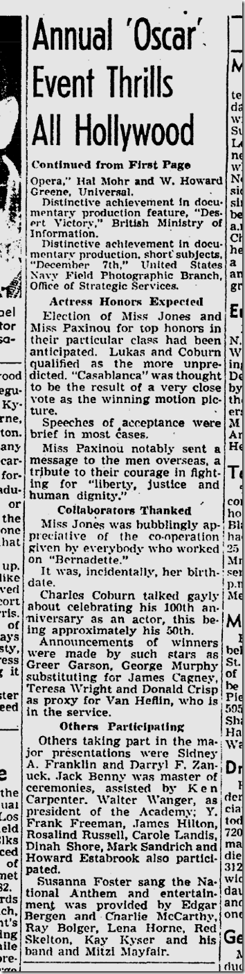 March 3, 1944, Academy Awards 