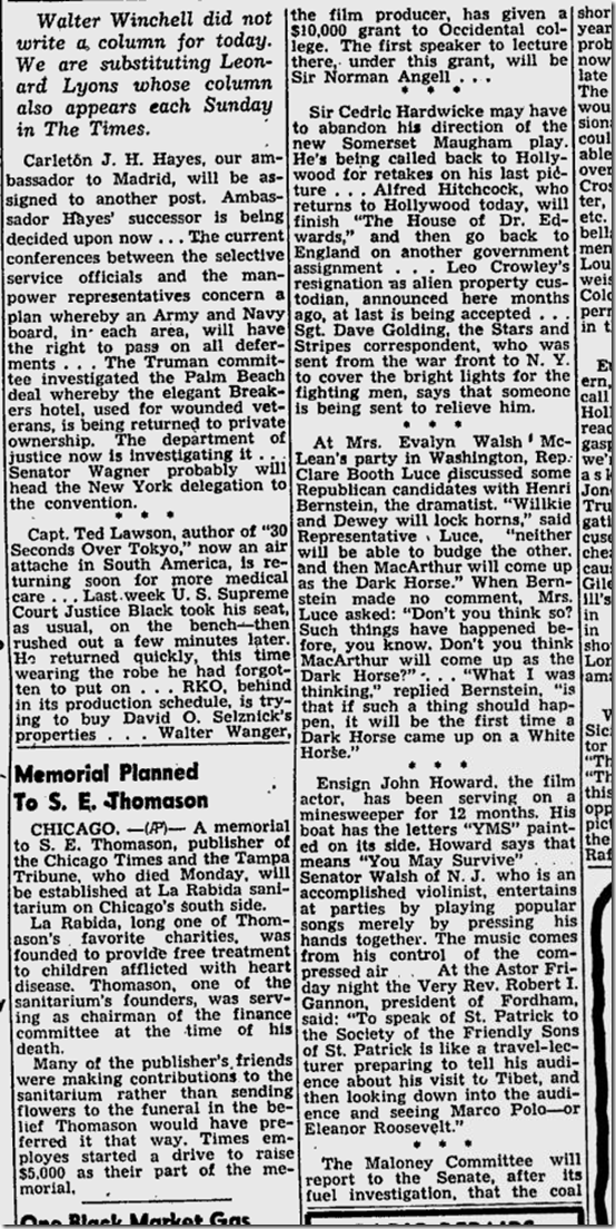 March 23, 1944, Leonard Lyons 