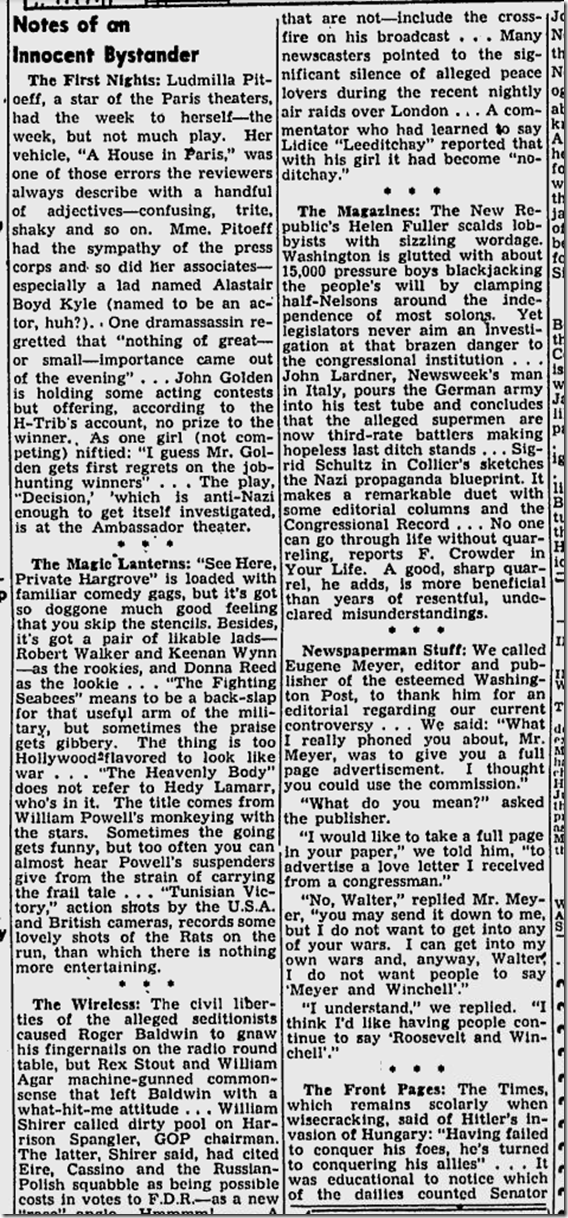 March 28, 1944, Walter Winchell 