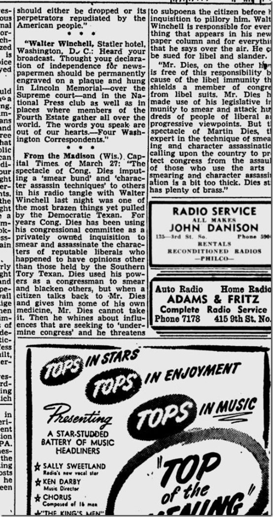 March 29, 1944, Walter Winchell 