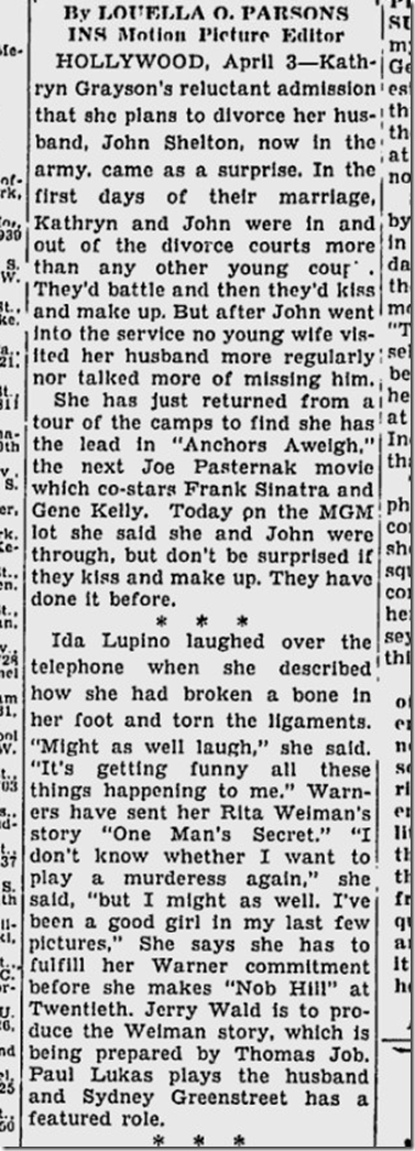 April 4, 1944, Louella Parsons 