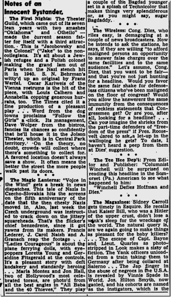 March 21, 1944, Walter Winchell 