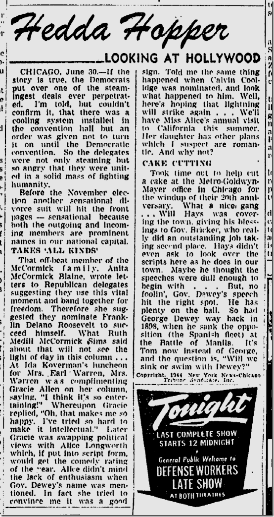 July 1, 1944, Hedda Hopper