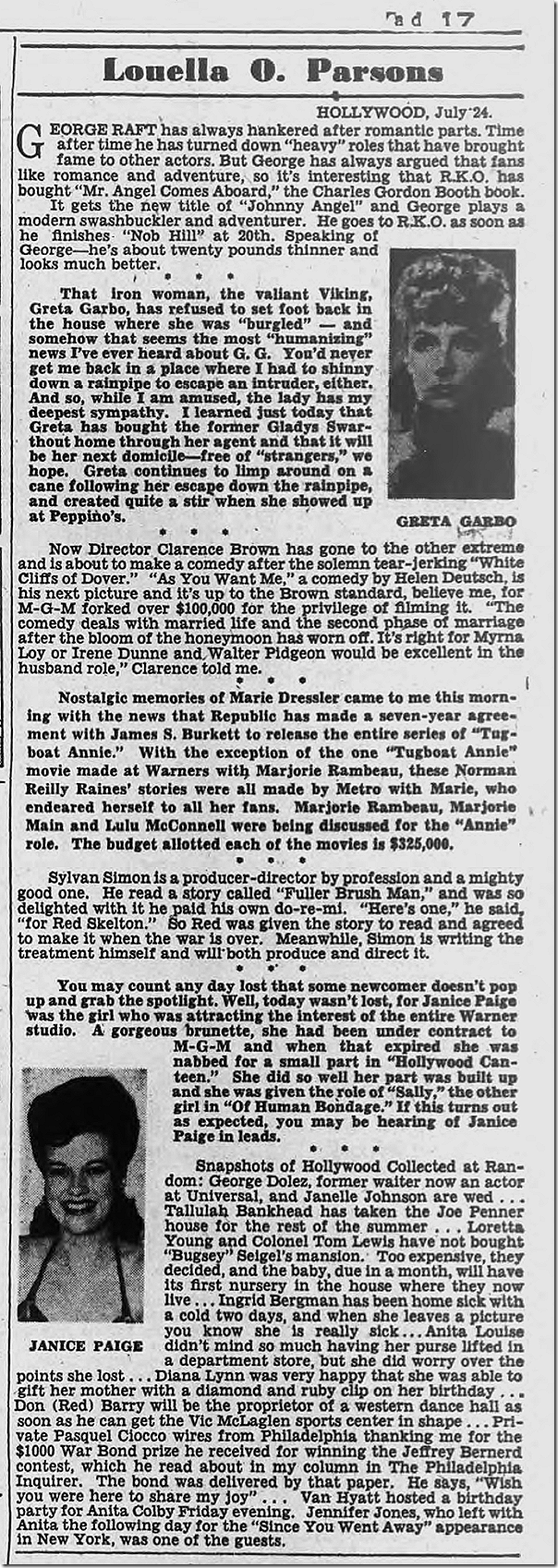 July 25, 1944, Louella Parsons 