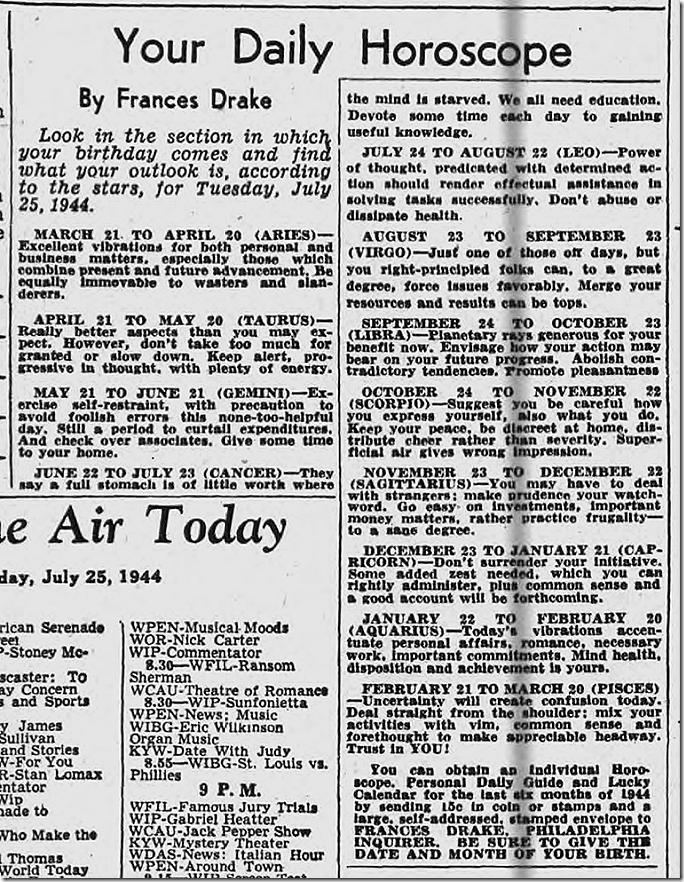 July 25, 1944, Horoscope 